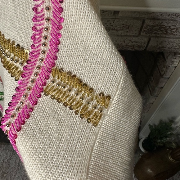 Vintage VTG 80s 90s Cream rainbow sequined Crew Neck Sweater Decorative Trim - Picture 5 of 5